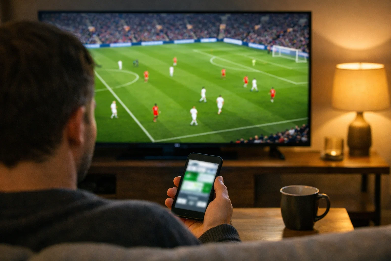 Apostador analizando apuestas en vivo durante un partido de la Premier League